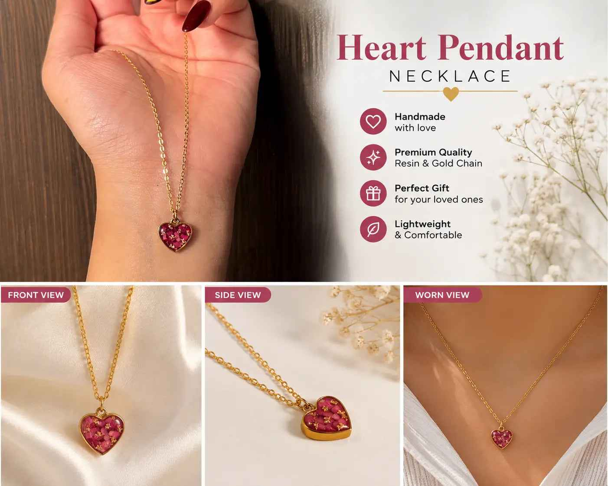 Handmade Resin Heart Pendant Necklace – Gold Chain Botanical Jewelry