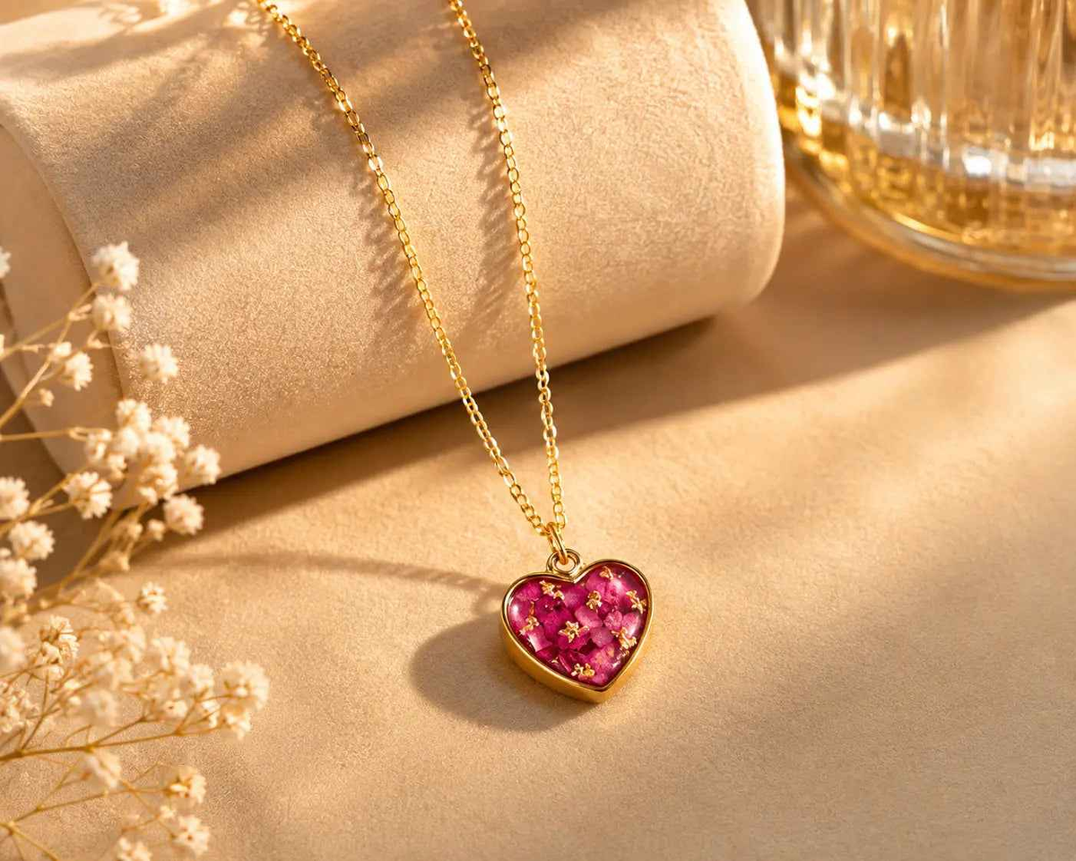 Handmade Resin Heart Pendant Necklace – Gold Chain Botanical Jewelry