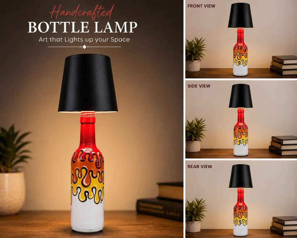 Handcrafted Colorful Bottle Lamp – Artistic Table Lamp with Black Shade | Eco-Friendly Home Décor