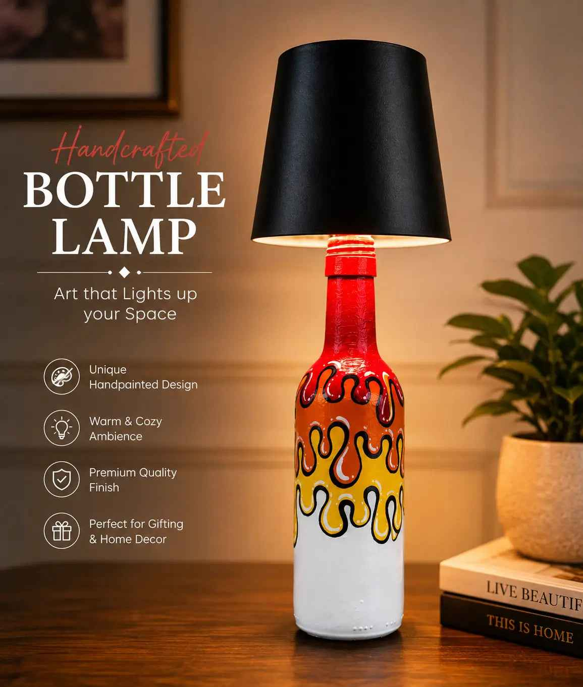 Handcrafted Colorful Bottle Lamp – Artistic Table Lamp with Black Shade | Eco-Friendly Home Décor
