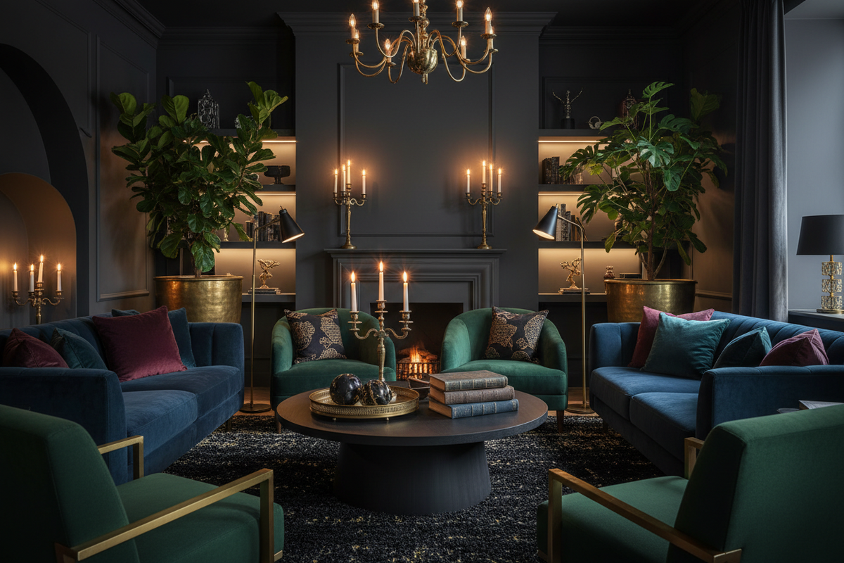 Luxurious dark moody living room with velvet sofas, green armchairs, and gold accents.